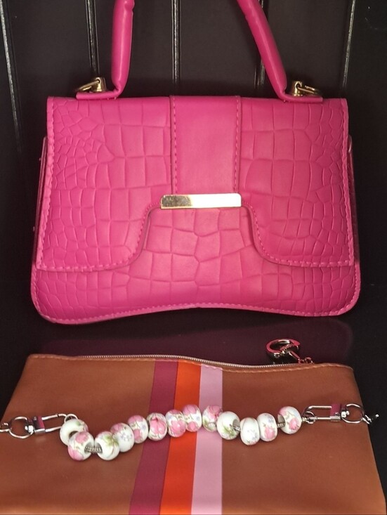Handbags - Hot Pink Croc-Embossed Top Handle Bag - Stylish Women's Purse